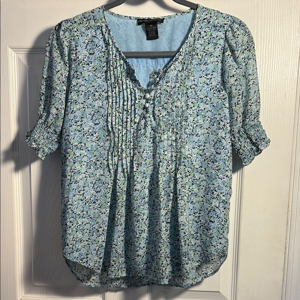 Preswick & Moore Green and Blue Floral Flutter Sleeve Blouse Top Petite Small